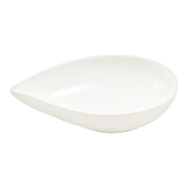 A small, white, teardrop-shaped porcelain ramekin.