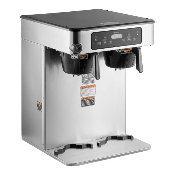 A silver and black Bunn ICB Twin Infusion Series coffee maker with two coffee pots on top.