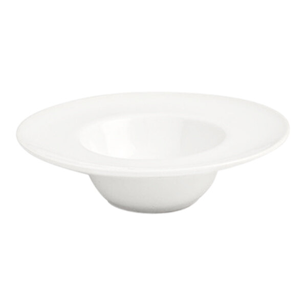 A white round porcelain saucer with a wide rim and a shallow center.