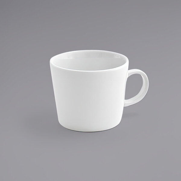 A white porcelain cup with a handle.