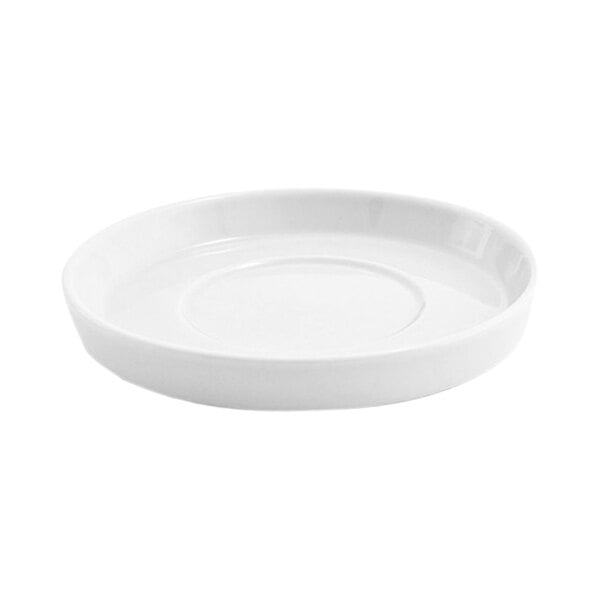 A round, bright white porcelain saucer with a slightly raised rim.