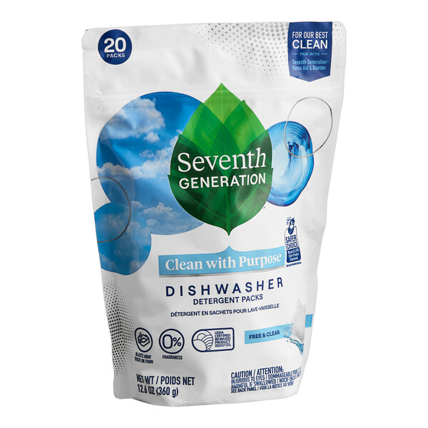 A white plastic bag of Seventh Generation Free & Clear Dishwasher Detergent Packs with a blue and green label.