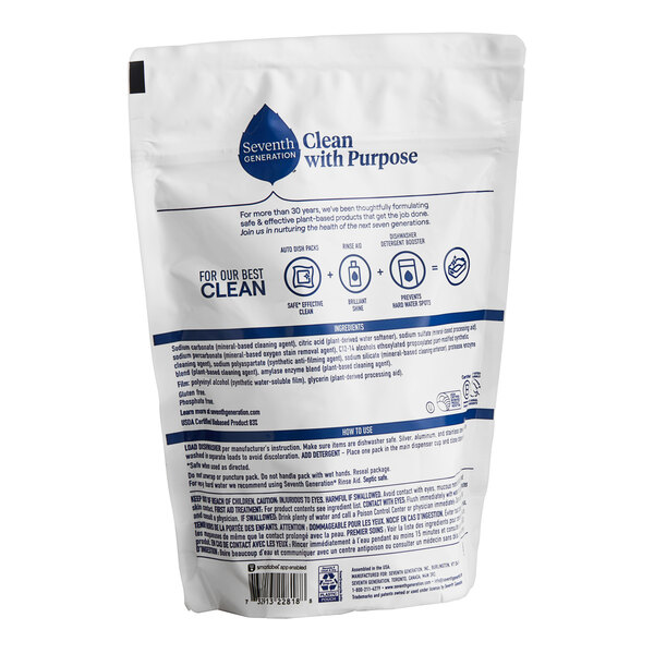 A white bag with blue text that reads "Seventh Generation Free & Clear Dishwasher Detergent Packs"