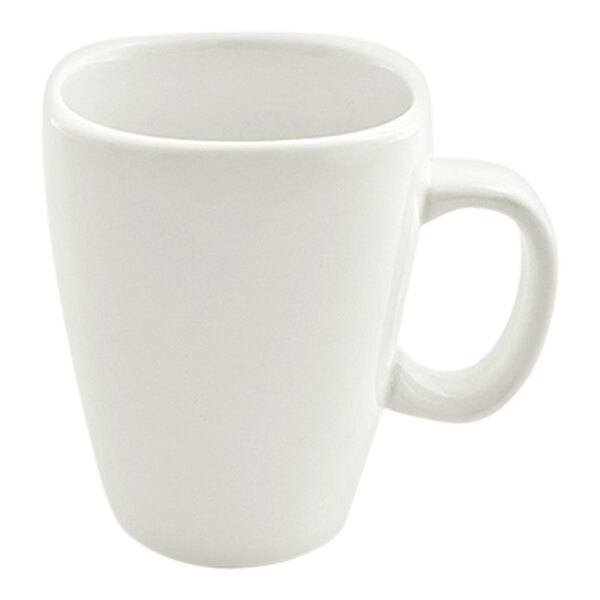 A plain white porcelain mug with a handle.