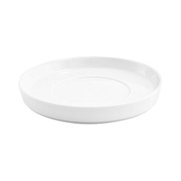 A round, bright white porcelain saucer with a slightly raised rim.