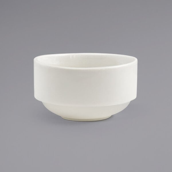 A Front of the House Catalyst Monaco porcelain bouillon bowl on a gray background.