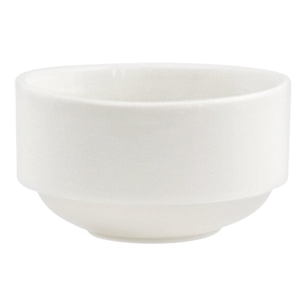 A white round stackable porcelain bouillon bowl with a 9 oz. capacity.