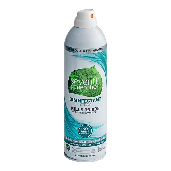 A bottle of Seventh Generation Eucalyptus, Spearmint, and Thyme disinfectant spray.