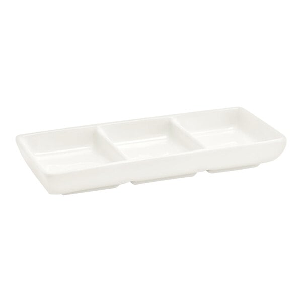 A white rectangular porcelain sauce dish with three compartments.