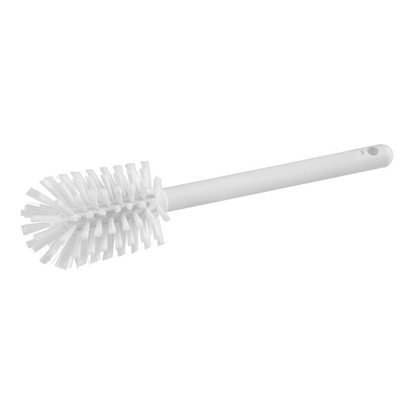 A white bottle and server cleaning brush with a white handle.