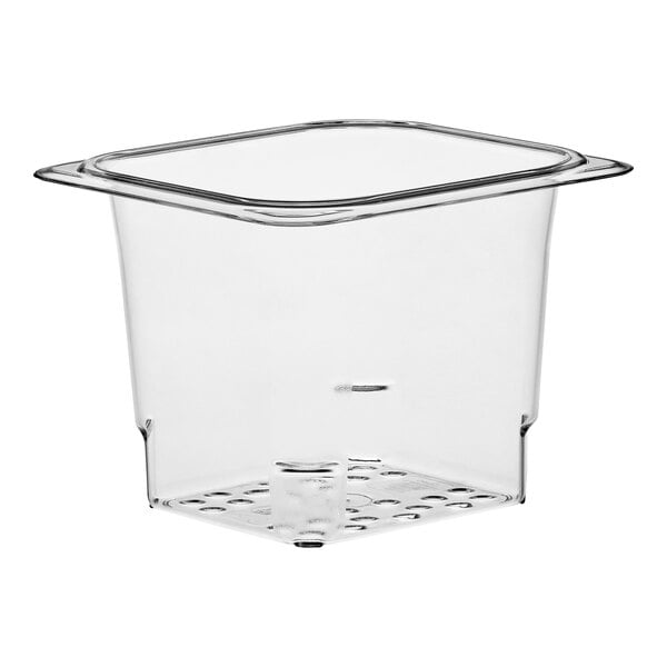 A clear plastic Cambro colander pan with holes.