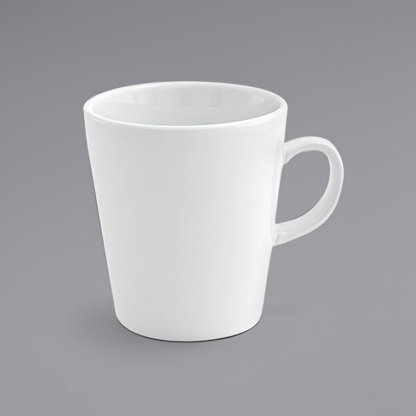 A Front of the House Soho bright white porcelain mug with a handle.