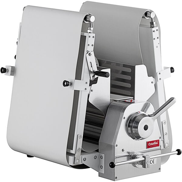 A white Estella countertop dough sheeter with a silver machine underneath.