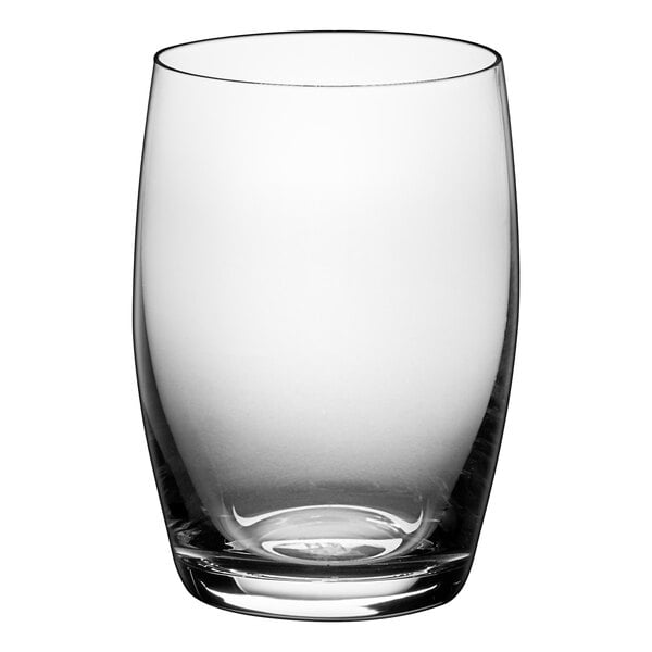 A clear Stolzle stemless red wine glass.