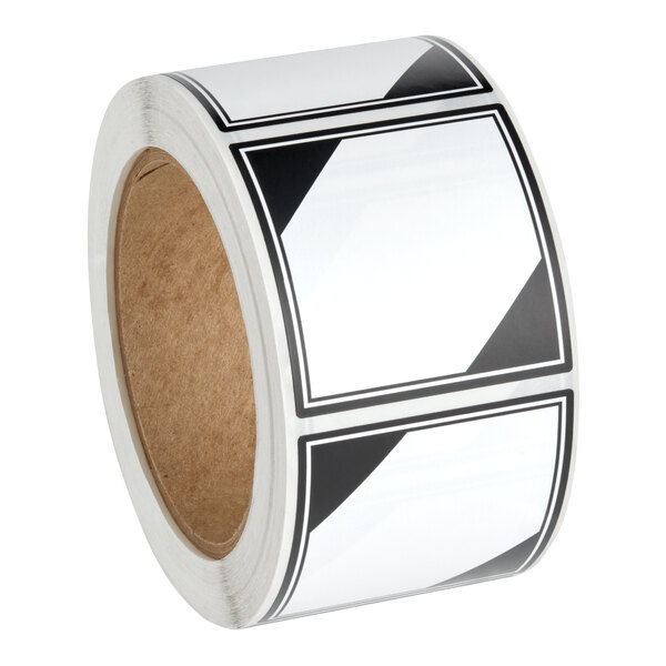 A roll of 2 1/4" x 2 1/4" blank limited quantity gloss paper permanent labels with a black border and diagonal black corners.