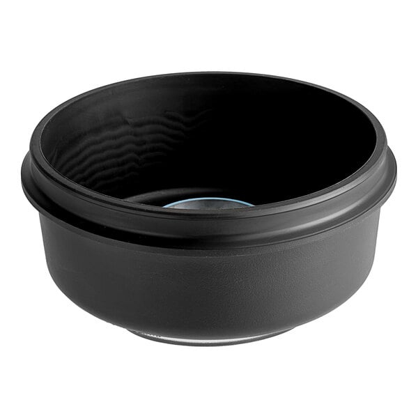A black bowl with a round blue lid.