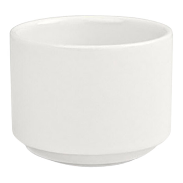 A white round porcelain ramekin with a 6 oz. capacity.