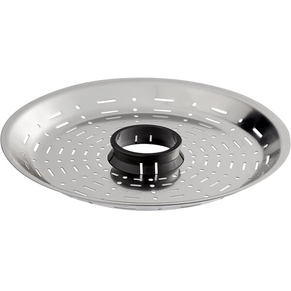 A Sunkist stainless steel strainer with a black rubber ring and holes.