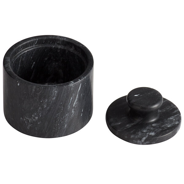 A black marbled Fox Run salt cellar with a lid.