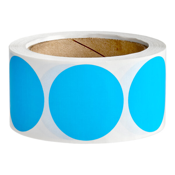 A roll of 2-inch light blue gloss paper round inventory labels.