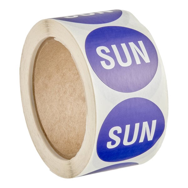 A roll of round blue stickers with the word 'SUN' printed in white letters.