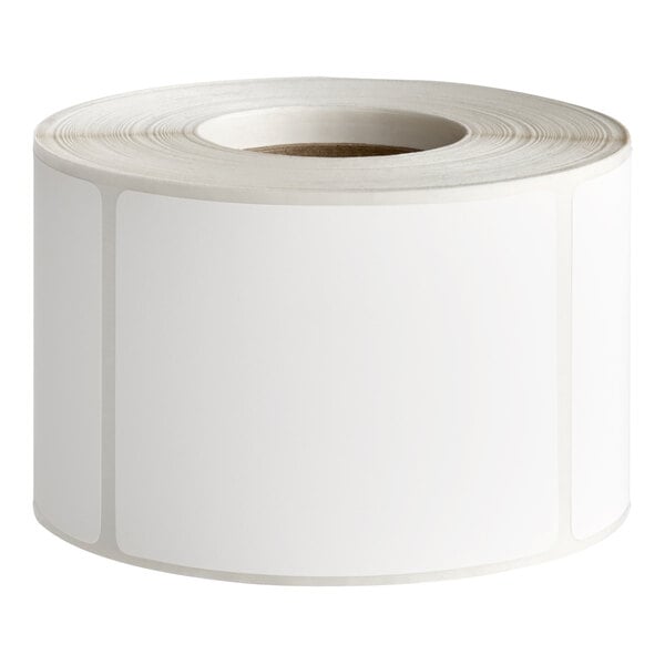 A roll of white blank permanent direct thermal labels.