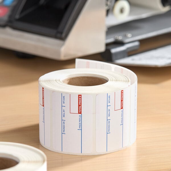 A roll of white pre-printed permanent direct thermal labels, equivalent to Cardinal Detecto 6600-3001, with 700 labels per roll.