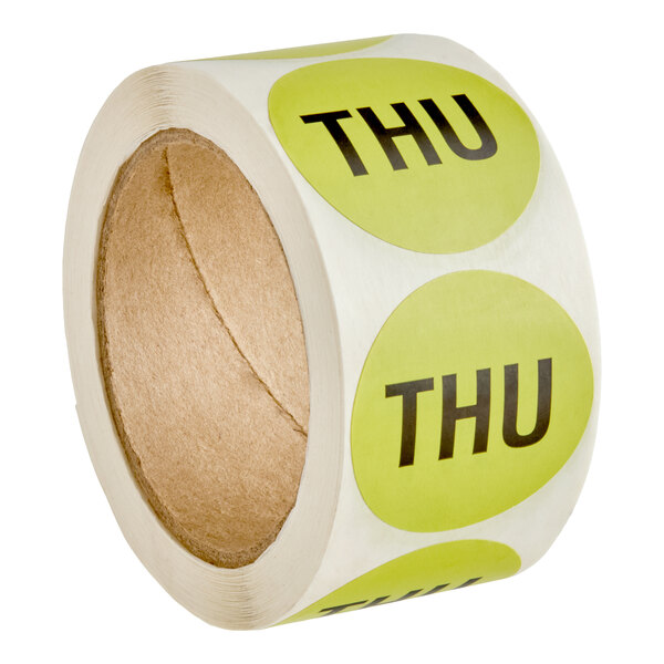 A roll of round lime green labels with the text 'THU' printed in bold black letters.