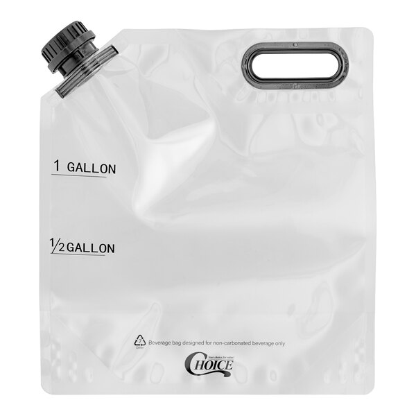 A clear plastic beverage bag with a black screw cap, a built-in handle, and measurement markings for 1/2 gallon and 1 gallon.