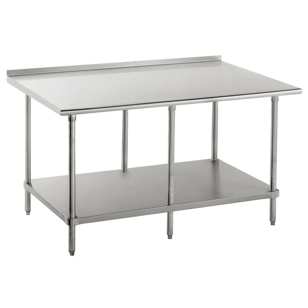 An Advance Tabco stainless steel work table with a galvanized undershelf.