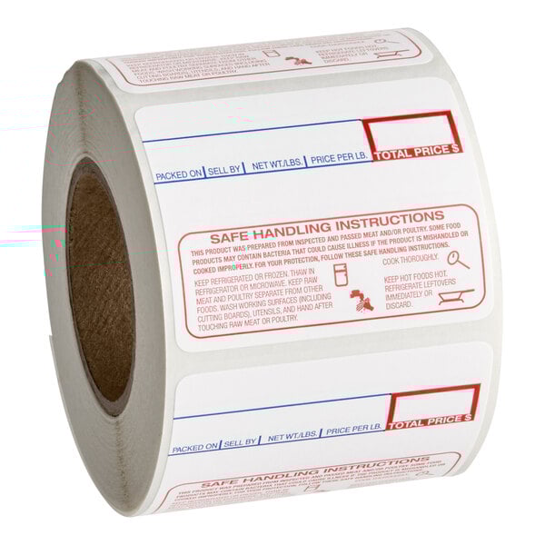 A roll of pre-printed permanent direct thermal labels with safe handling instructions for meat and poultry products.