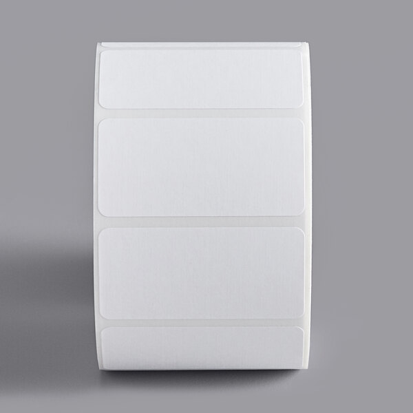A roll of white rectangular Globe E10 labels with black borders.