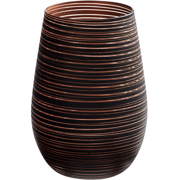 A black and bronze striped Stolzle stemless wine glass.