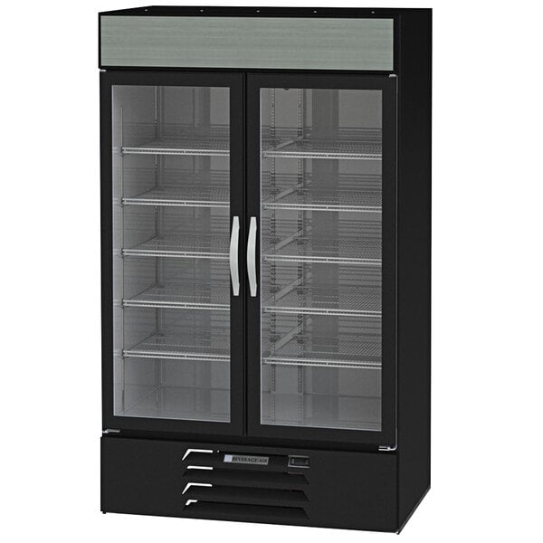 A black Beverage-Air glass door merchandiser with a stainless steel interior.