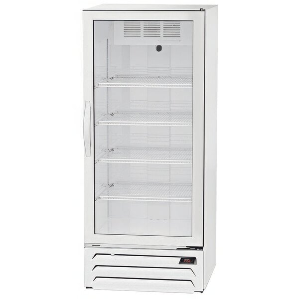A white Beverage-Air market max refrigeration unit with glass doors and shelves.