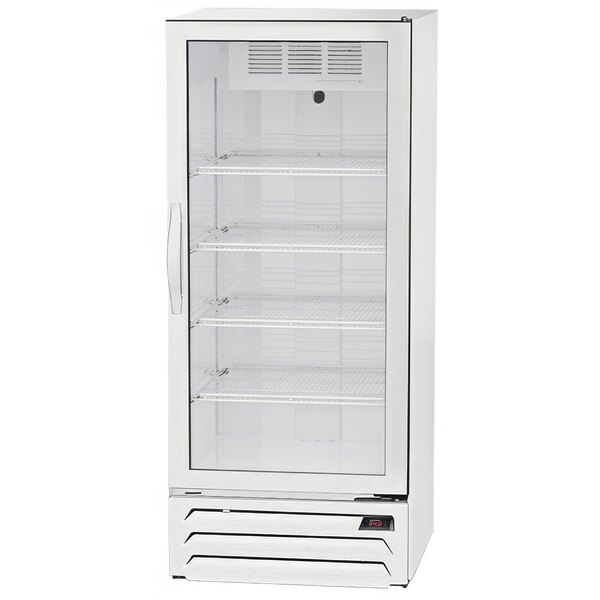 A white Beverage-Air marketmax merchandising refrigerator with glass doors and shelves.