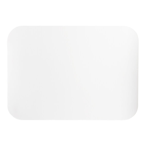A plain, rectangular, white foil-laminated board lid with rounded corners for take-out containers.