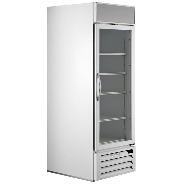 A white Beverage-Air glass door merchandiser with black interior and open glass doors.