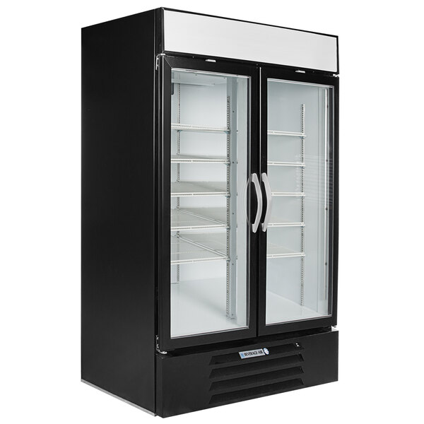 A black Beverage-Air glass door merchandiser.