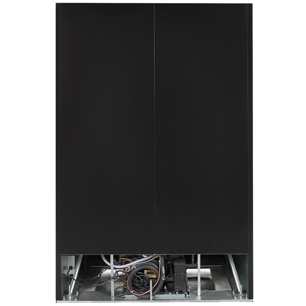 A black Beverage-Air glass door merchandiser with its door open.