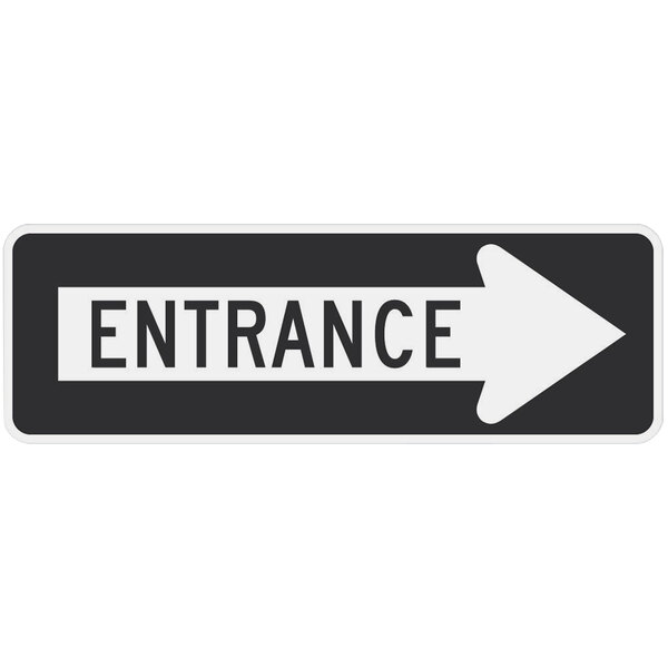 A white and black reflective aluminum sign with a black border and text reading "Entrance" and a white arrow pointing to the right.