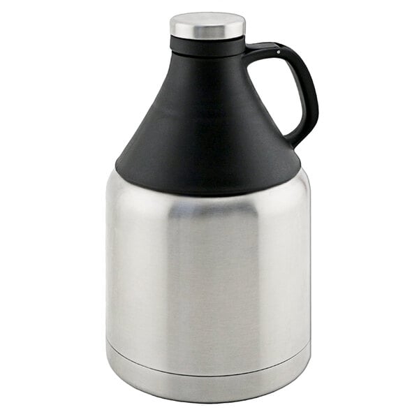 a stainless steel container with a black handle