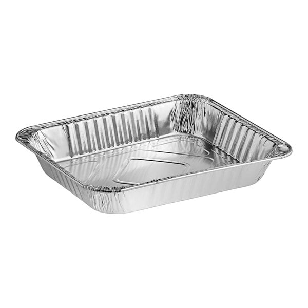 A close-up of a silver Choice half size heavy-duty foil steam table pan.