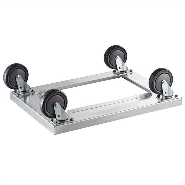A silver metal Regency bun pan dolly with a metal frame and black wheels.