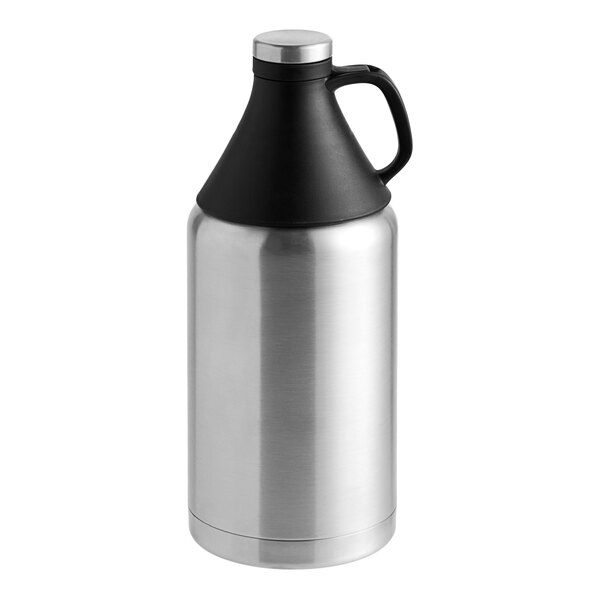 A stainless steel Franmara beer growler with a black handle.