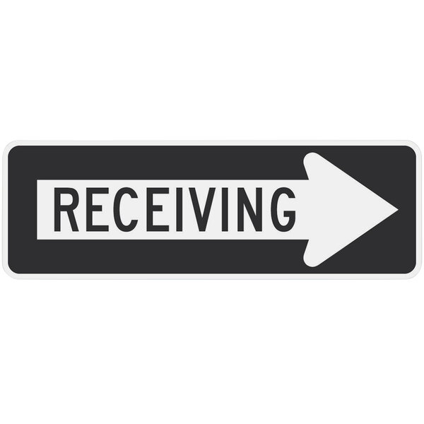 A black and white sign with a right arrow and black text that says "Receiving"