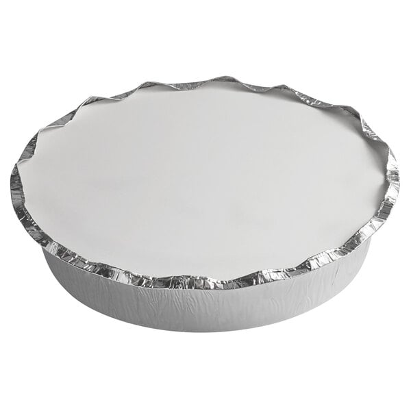 A white Choice 8" round foil take-out container with a silver lid.