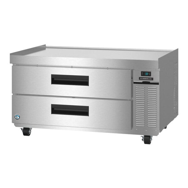 A stainless steel 49-inch two-drawer refrigerated chef base on casters.