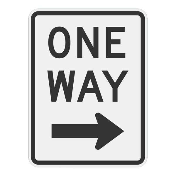 A white rectangular sign with a black right arrow and black text reading "One Way"