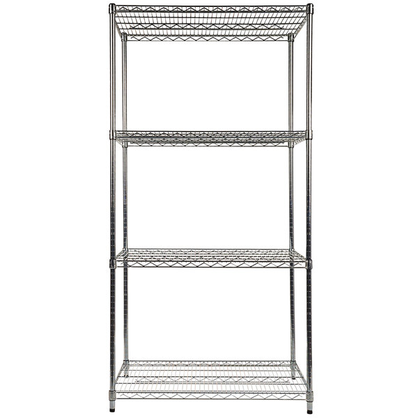 A silver metal Alera wire shelving unit with four shelves.